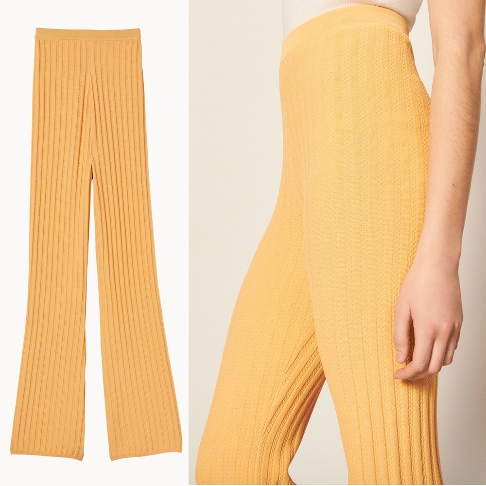 SANDRO Pointelle Trim Rib Knit High Rise Ankle Crop Bootcut Flare Leg Pants‎ M - Picture 12 of 14